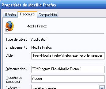 propriété de raccourcie firefox